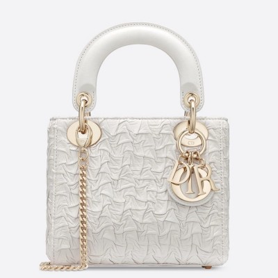 Dior Mini Lady Dior Chain Bag In White Wavy Crinkled Lambskin