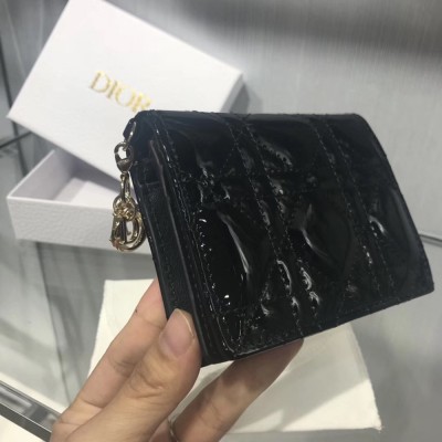 Dior Mini Lady Dior Wallet In Black Patent Leather