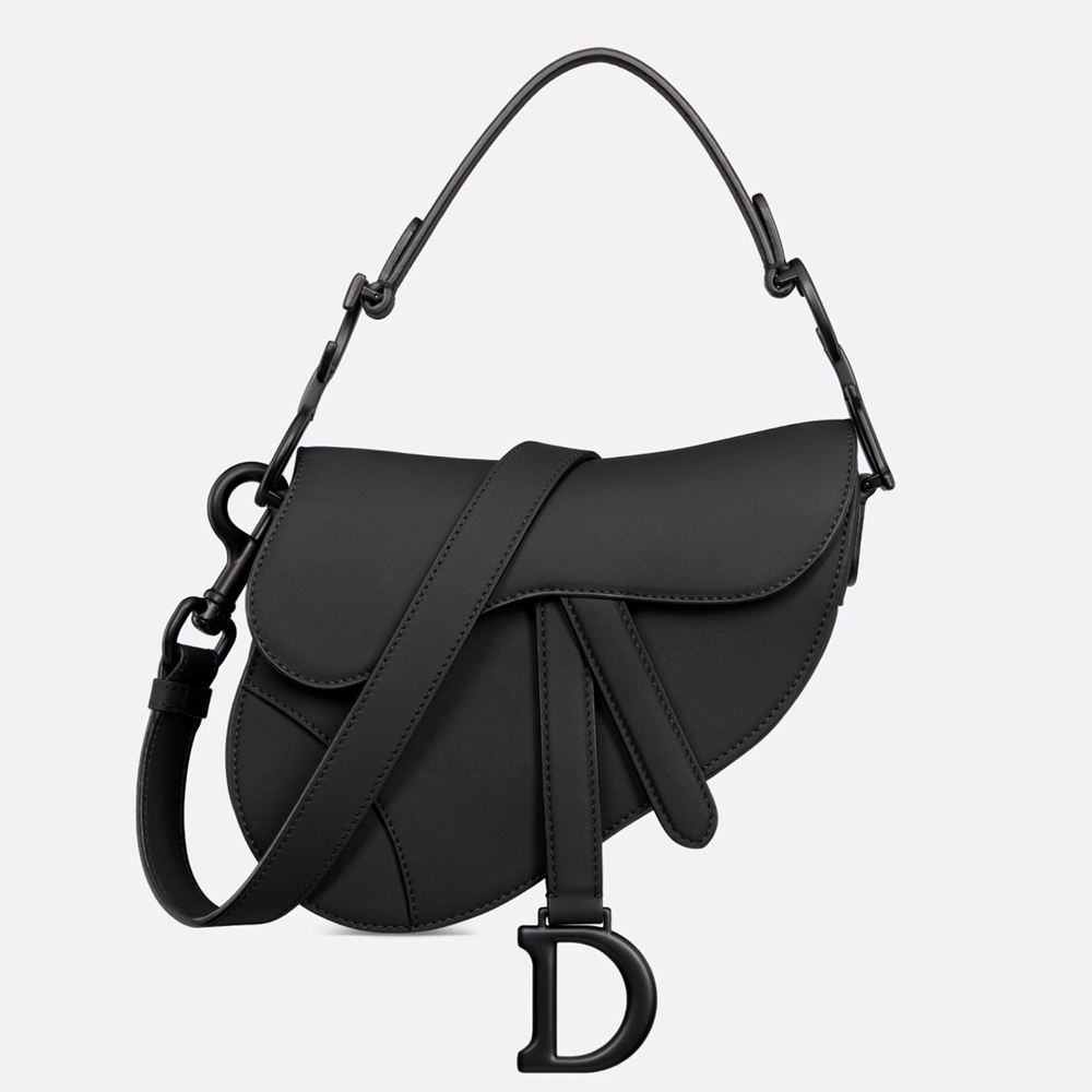 Dior Mini Saddle Bag with Strap in Black Ultramatte Calfskin