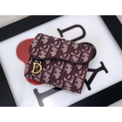 Dior Mini Saddle Tri-Fold Wallet In Bordeaux Oblique Canvas