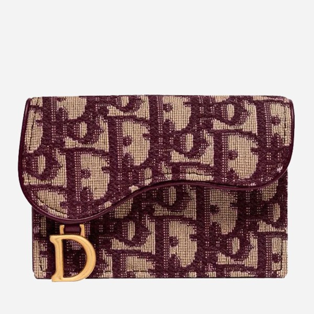 Dior Mini Saddle Tri-Fold Wallet In Bordeaux Oblique Canvas