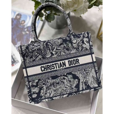 Dior New Small Book Tote In Blue Toile de Jouy Reverse Embroidery