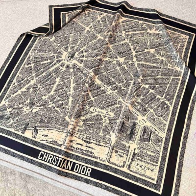 Dior Plan de Paris 90 Square Scarf in Beige Silk Twill