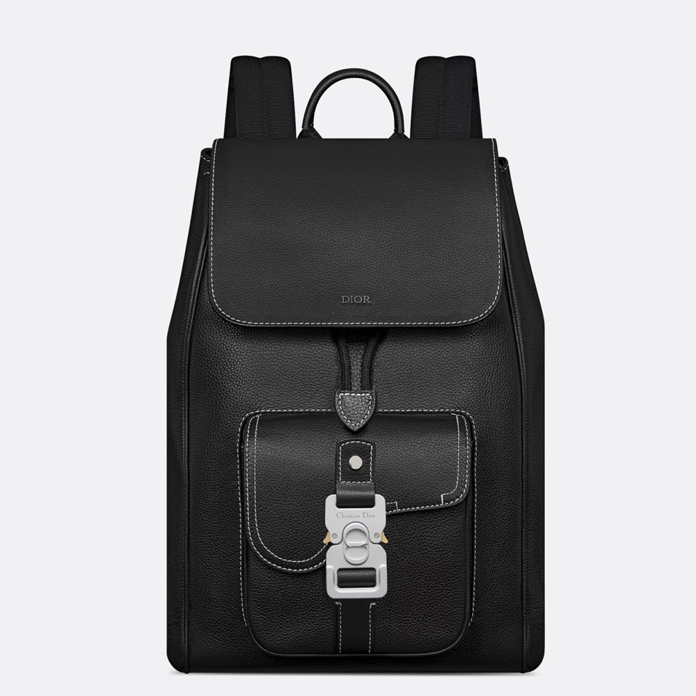 Dior Saddle Backpack with Flap in Black Grained Calfskin