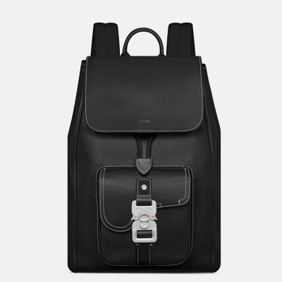 Dior Saddle Backpack with Flap in Black Grained Calfskin