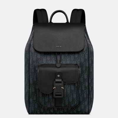 Dior Saddle Backpack with Flap in Black Oblique Jacquard