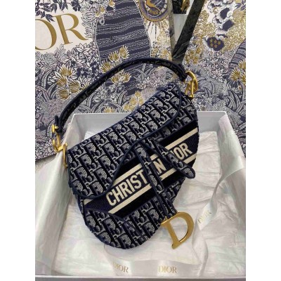 Dior Saddle Bag In Blue Dior Oblique Embroidered Velvet