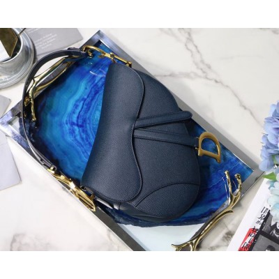 Dior Saddle Bag In Navy Blue Grained Calfskin