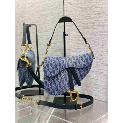 Dior Saddle Bag with Strap in Blue Denim Oblique Jacquard