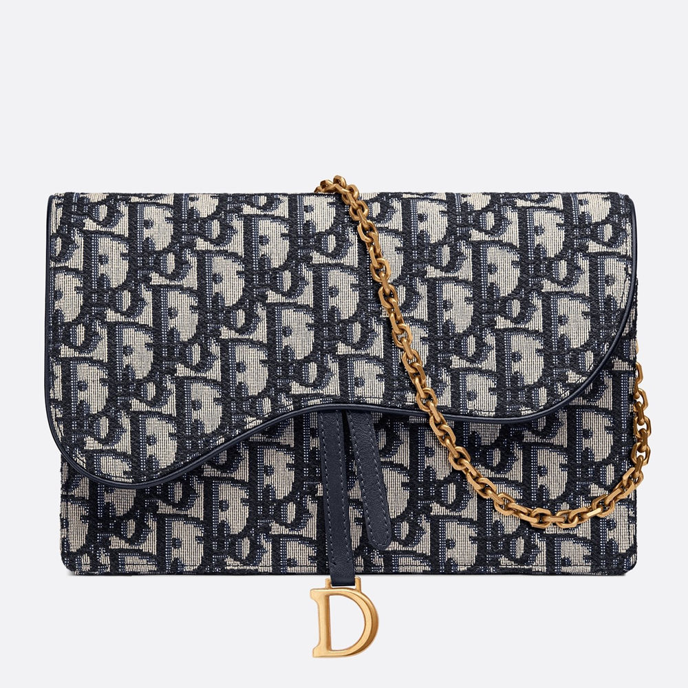 Dior Saddle Chain Pouch In Blue Dior Oblique Jacquard