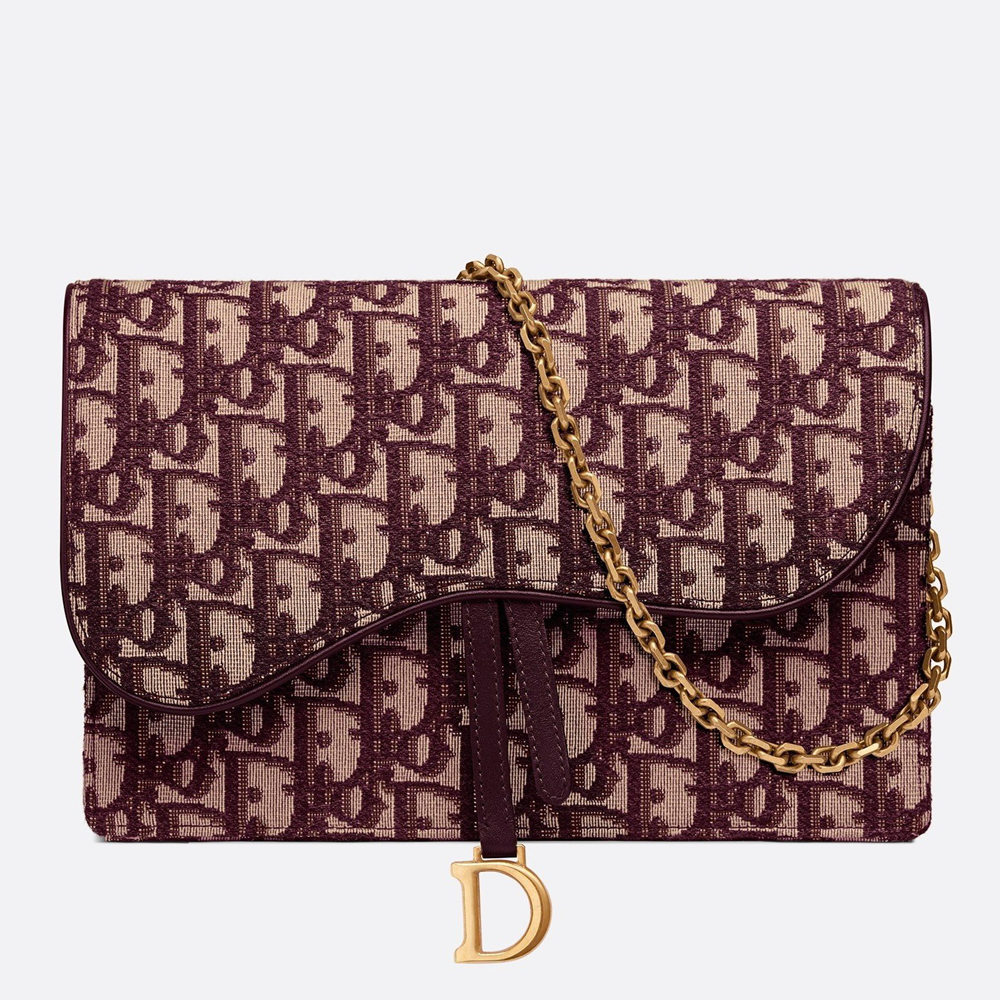 Dior Saddle Chain Pouch In Bordeaux Dior Oblique Jacquard