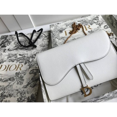 Dior Saddle Chain Pouch In White Grained Calfskin