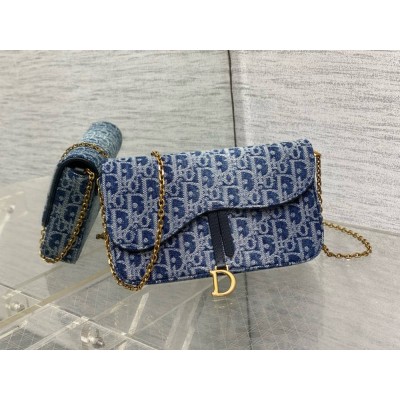 Dior Saddle Chain Pouch in Blue Denim Oblique Jacquard