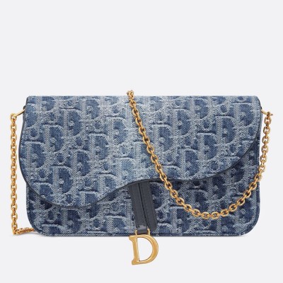 Dior Saddle Chain Pouch in Blue Denim Oblique Jacquard