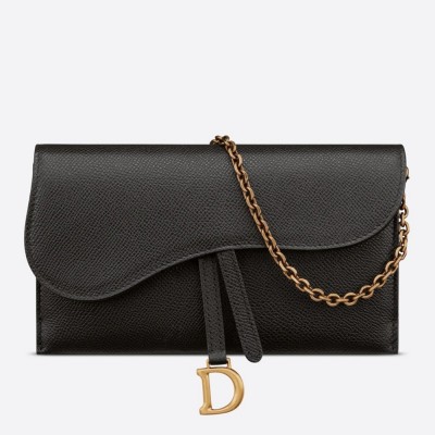 Dior Saddle Chain Wallet In Black Grained Calfskin