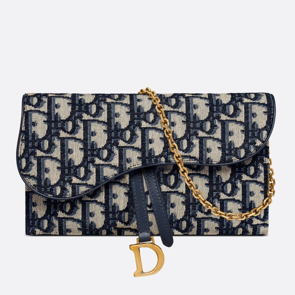 Dior Saddle Chain Wallet In Blue Oblique Jacquard