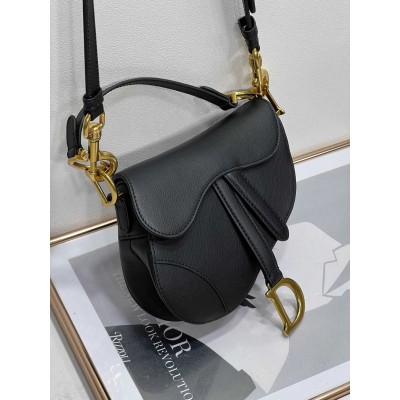 Dior Saddle Mini Bag with Strap in Black Grained Calfskin