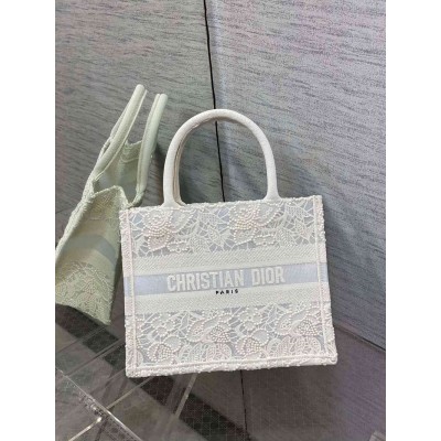 Dior Small Book Tote Bag In Natural Macrame-Effect Embroidery