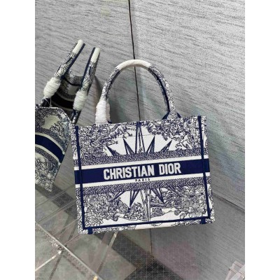 Dior Small Book Tote Bag In White &amp; Blue Reve d'Infini Embroidery