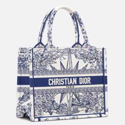 Dior Small Book Tote Bag In White &amp; Blue Reve d'Infini Embroidery