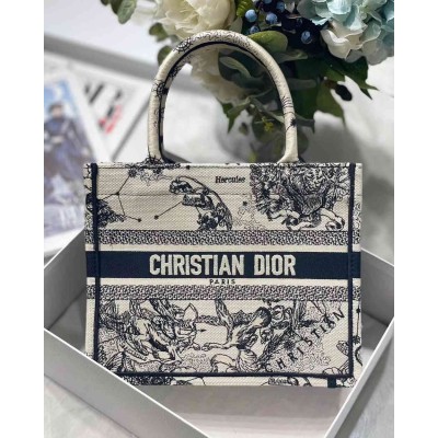 Dior Small Book Tote Bag In White Toile de Jouy Zodiac Embroidery