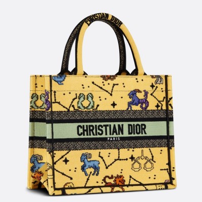 Dior Small Book Tote Bag In Yellow Multicolor Pixel Zodiac Embroidery