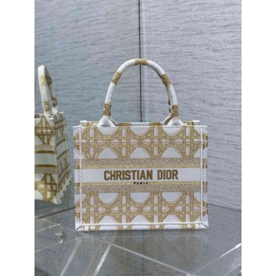 Dior Small Book Tote Bag in White and Gold Macrocannage Embroidery