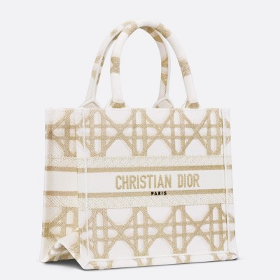 Dior Small Book Tote Bag in White and Gold Macrocannage Embroidery