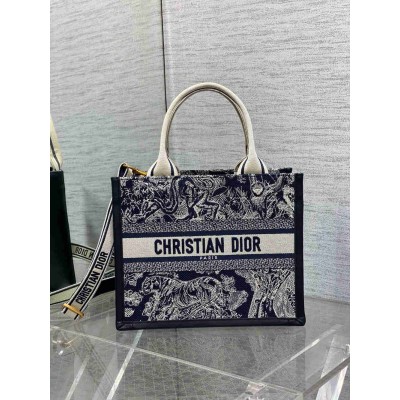 Dior Small Book Tote Bag with Strap in Toile de Jouy Reverse Embroidery and Blue Calfskin