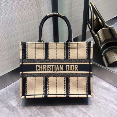 Dior Small Book Tote In Black and Beige Bayadère Embroidered