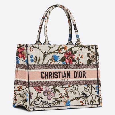 Dior Small Book Tote In Multicolor Rosa Mutabilis Embroidery