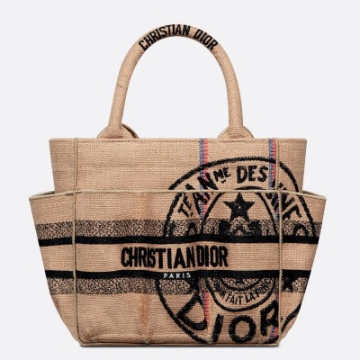 Dior Small Catherine Tote Bag In Beige Jute Canvas with Union Motif