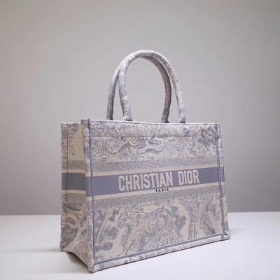 Dior Small Dioraura Book Tote In Grey Toile De Jouy Canvas