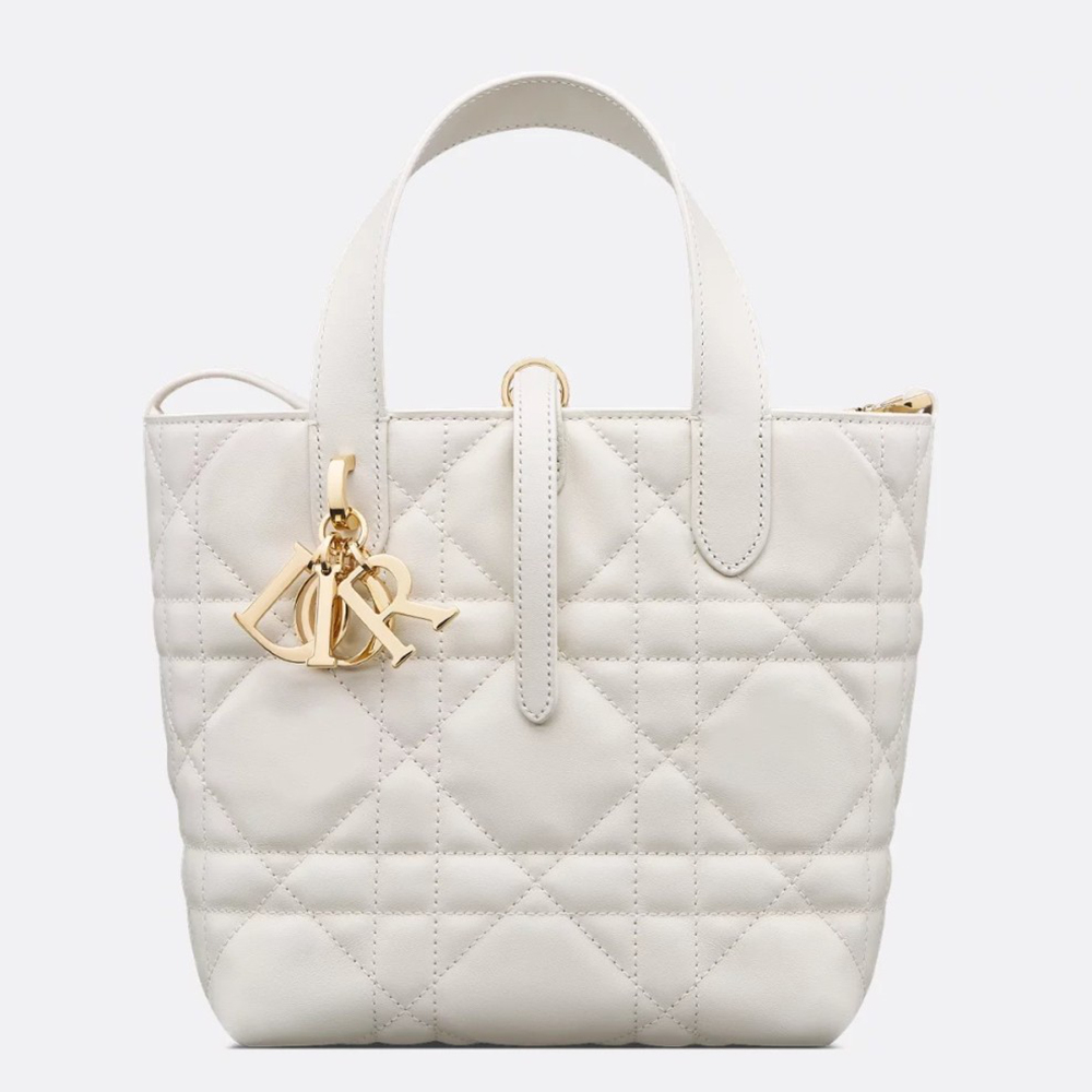 Dior Toujours Vertical Small Tote Bag in White Macrocannage Calfskin