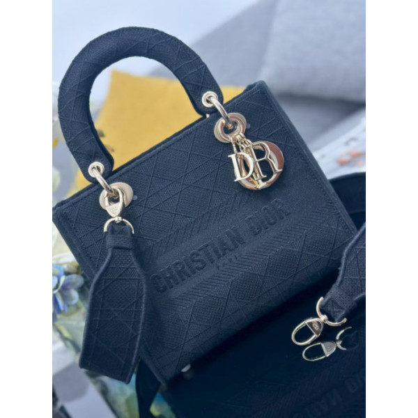 Dior Medium Lady D-lite Bag / Black Cannage Embroidery