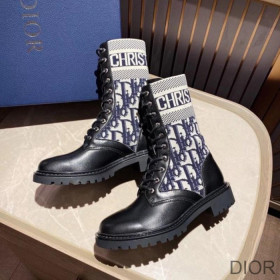 Dior D Major Ankle Boots Women Calfskin and Oblique Fabric Black/Blue