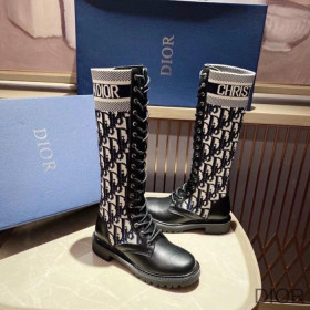 Dior D Major Boots Women Calfskin and Oblique Fabric Black/Blue