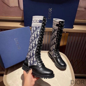 Dior D Major Boots Women Calfskin and Oblique Fabric Black/Blue