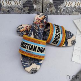 Dior Dway Slides Women Toile De Jouy Motif Canvas Tropicalia Blue