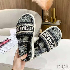 Dior Dway Slides Women Toile De Jouy Motif Cotton Black