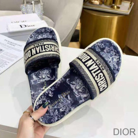 Dior Dway Slides Women Toile De Jouy Motif Cotton Blue