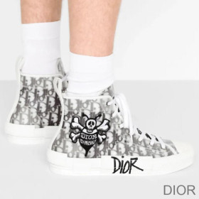 Dior B23 High Top Sneakers Unisex Shawn Bee Oblique Motif Canvas White