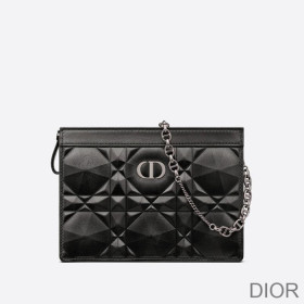 Dior Caro Zipped Pouch with Chain Cannage Calfskin with Diamond Motif Black