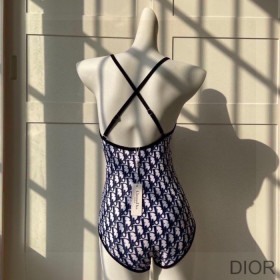 Dior Crisscross Swimsuit Women Oblique with Bee CD Embroidery Cotton Navy Blue