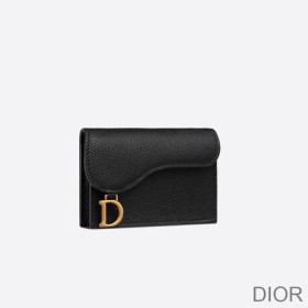 Dior Saddle Flap Card Holder Grained Calfskin Black