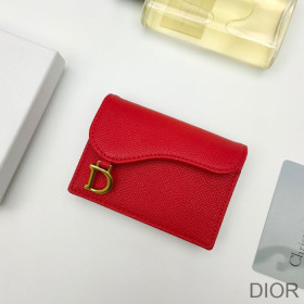 Dior Saddle Flap Card Holder Grained Calfskin Red