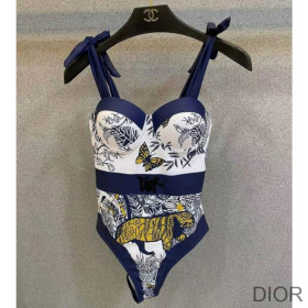 Dior Tie Shoulder Swimsuit Women Tiger Butterfly Print with Logo Lycra Blue