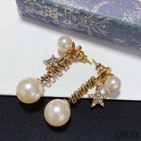 Dior J''Adior Earrings Antique Metal, White Resin Pearls And White Crystals Gold