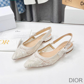 Dior J''Adior Slingback Ballerina Flats Women D Lace Macrame Motif Mesh White