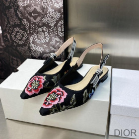 Dior J''Adior Slingback Ballerina Flats Women Petites Fleurs Motif Cotton Black